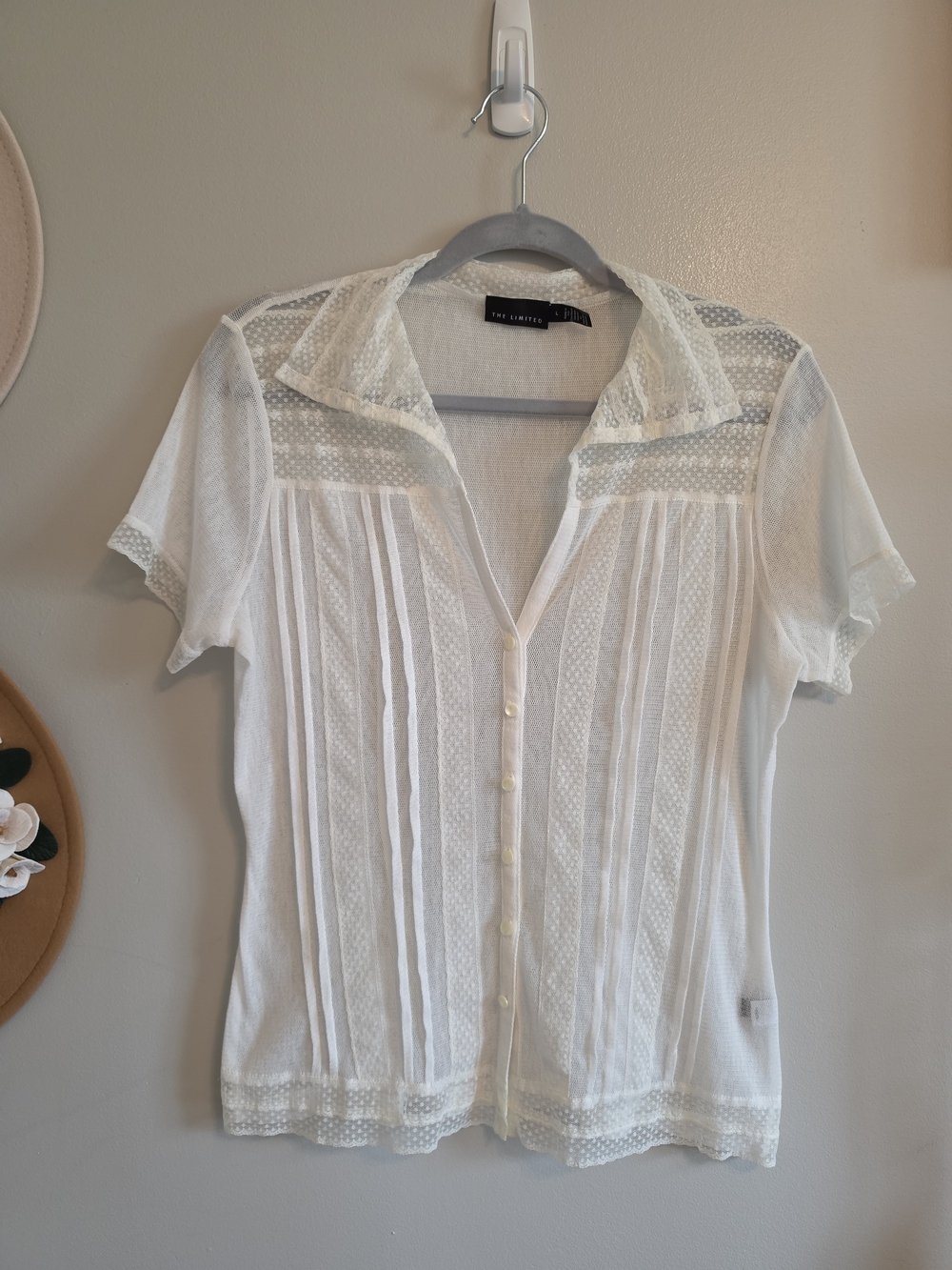 The Limited, White Short Sleeve Button-Front Sheer Lace Blouse